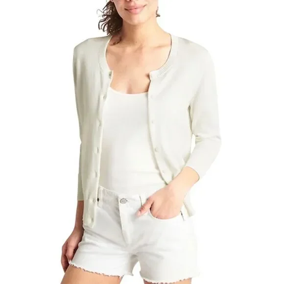 GAP Snowflake Milk White 3/4 Sleeve Crewneck Cardigan Sweater - Picture 1 of 7